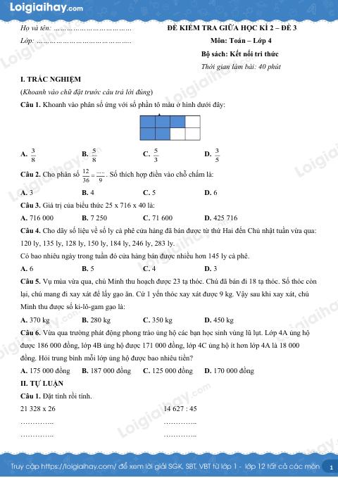 Đề kiểm tra giữa học kì 2 Toán 4 Kết nối tri thức - Đề số 3